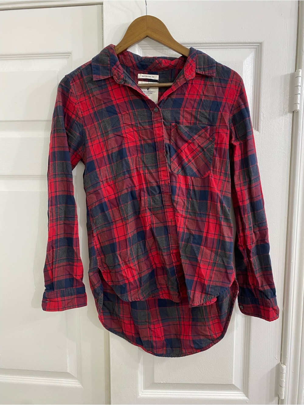 American Eagle Outfitters Red and Navy Plaid Button-Down Shirt for Kids